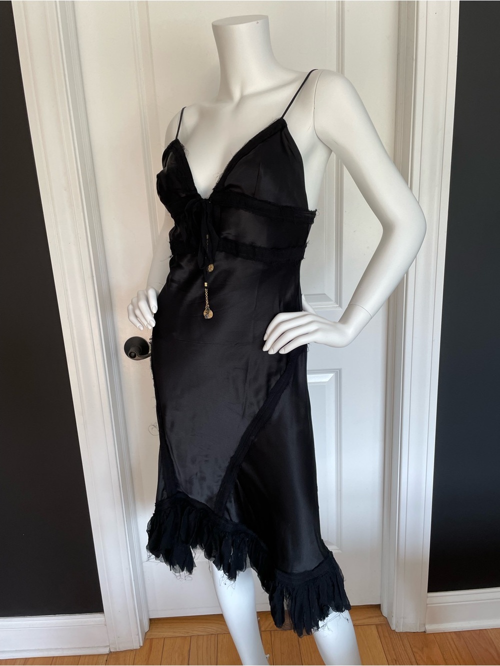 ROBERTO CAVALLI S/S 2004 Vintage Corset Black Silk Ruffle Midi Slip Dress S - Picture 4 of 11